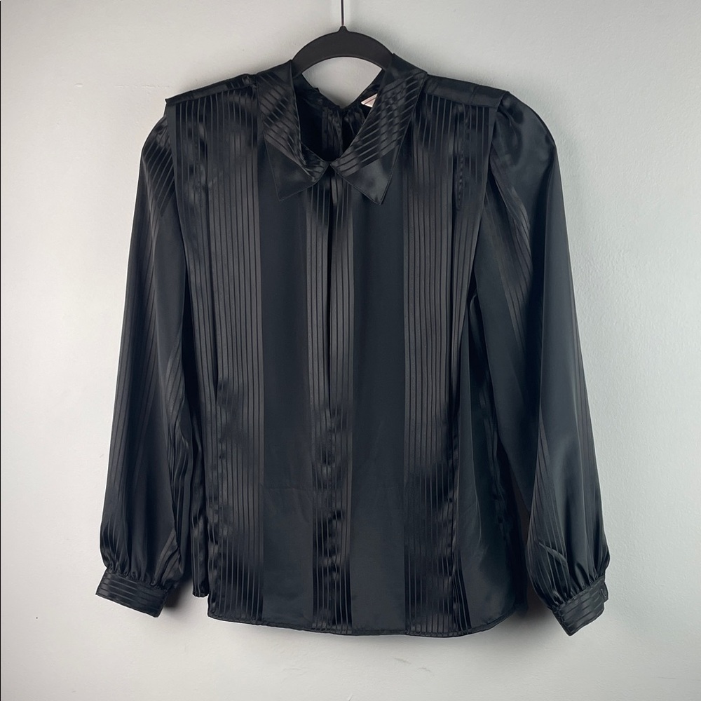 Vintage Michelle Stuart Black Satin Pleated Blouse Size 6